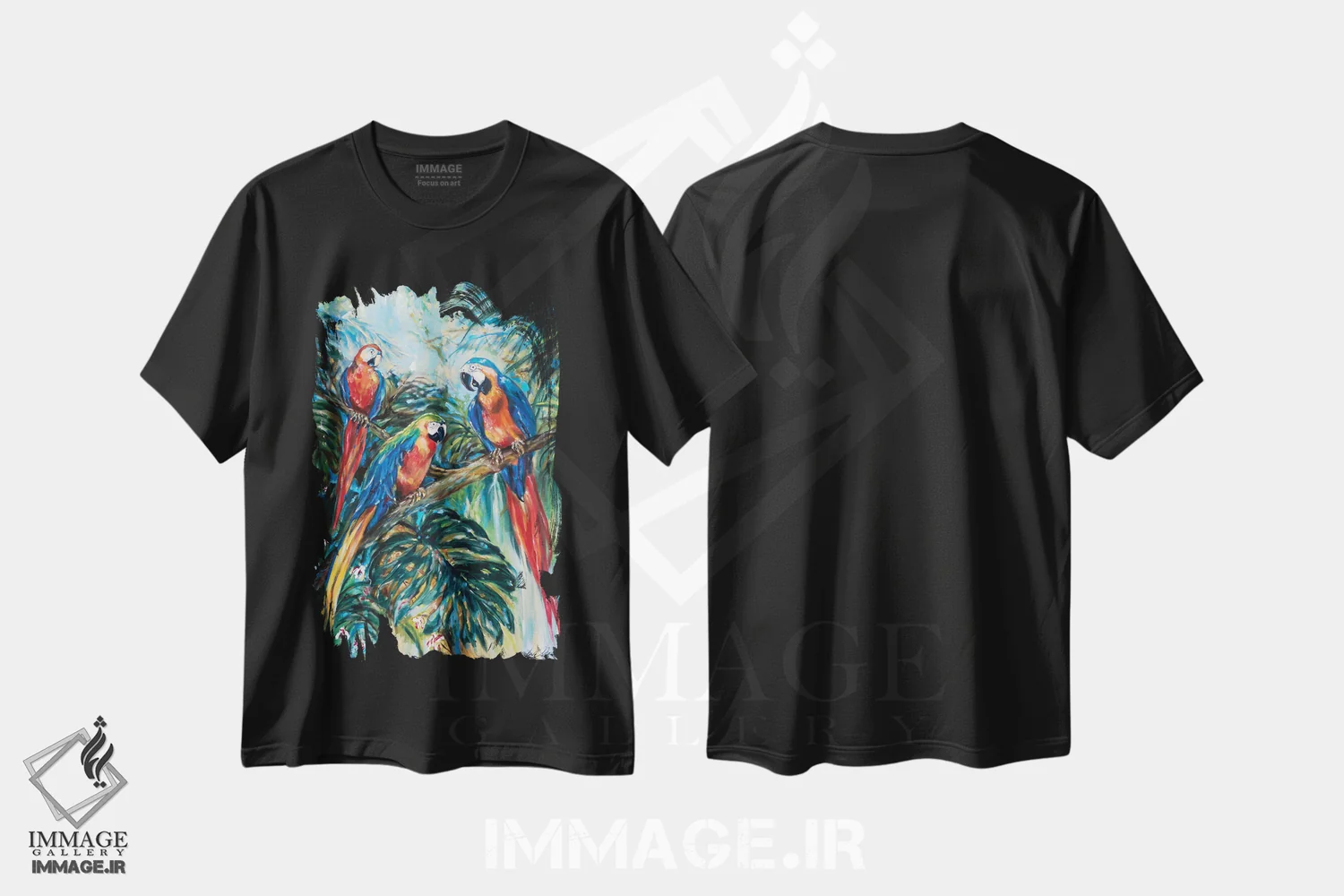 تیشرت مشکی طرح دار گروه کر طوطی ها، هنر فاخر معاصر اثر لیندا اولسن | فروشگاه ایماژ