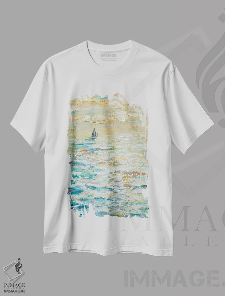 تیشرت سفید طرح دار قایقرانی به سمت غروب، آبستره اثر لیندا اولسن | immage.ir