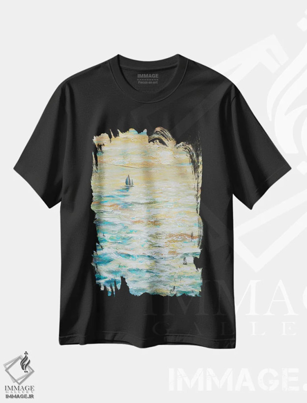 تیشرت مشکی طرح دار قایقرانی به سمت غروب، آبستره اثر لیندا اولسن | فروشگاه ایماژ