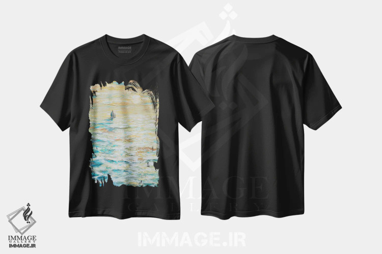 تیشرت مشکی طرح دار قایقرانی به سمت غروب، آبستره اثر لیندا اولسن | فروشگاه ایماژ