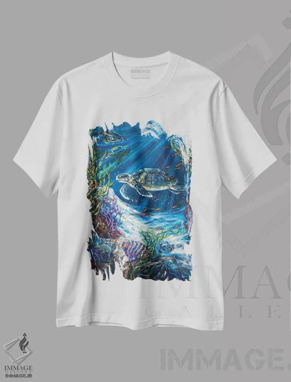 تیشرت سفید طرح دار لاک پشت صخره مرجانی، دکور ساحلی اثر لیندا اولسن | فروشگاه ایماژ