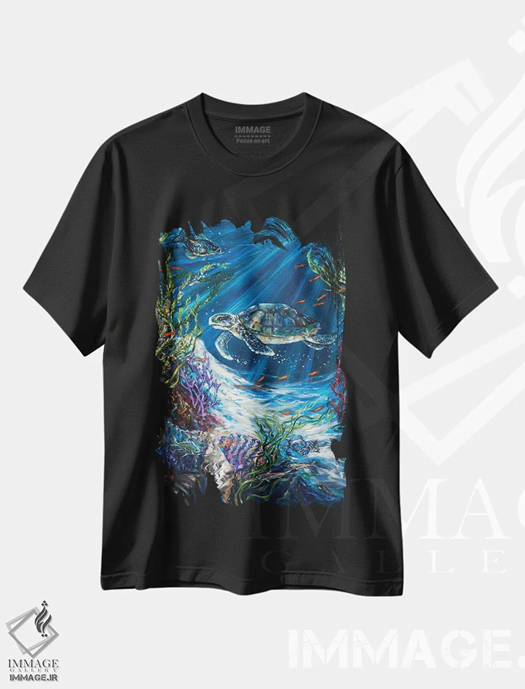 تیشرت مشکی طرح دار لاک پشت صخره مرجانی، دکور ساحلی اثر لیندا اولسن | immage.ir