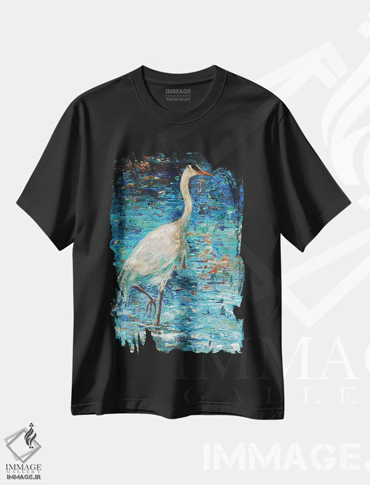 تیشرت مشکی طرح دار بازتاب جرثقیل، دکور ساحلی اثر لیندا اولسن | فروشگاه ایماژ