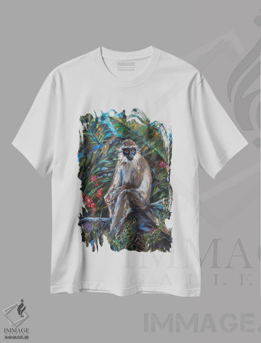 تیشرت سفید طرح دار مهتاب میمون ها، هنر فاخر معاصر اثر لیندا اولسن | فروشگاه ایماژ