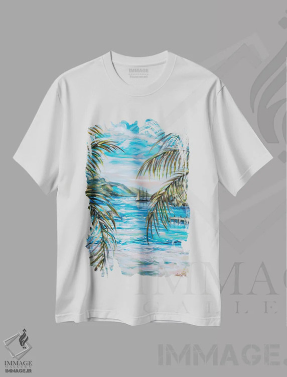تیشرت سفید طرح دار صبح در خلیج لاک پشت ها، هنر فاخر معاصر اثر لیندا اولسن | immage.ir