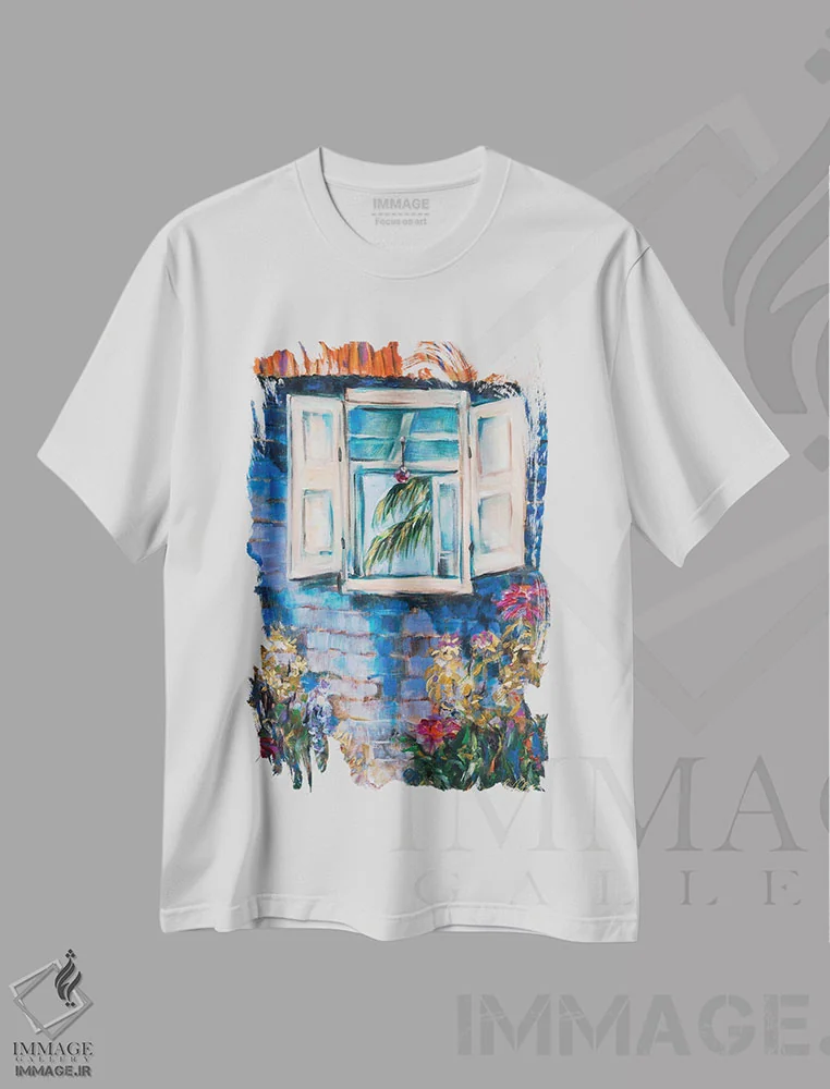 تیشرت سفید طرح دار بیرون، داخل، بیرون، هنر فاخر معاصر اثر لیندا اولسن | فروشگاه ایماژ