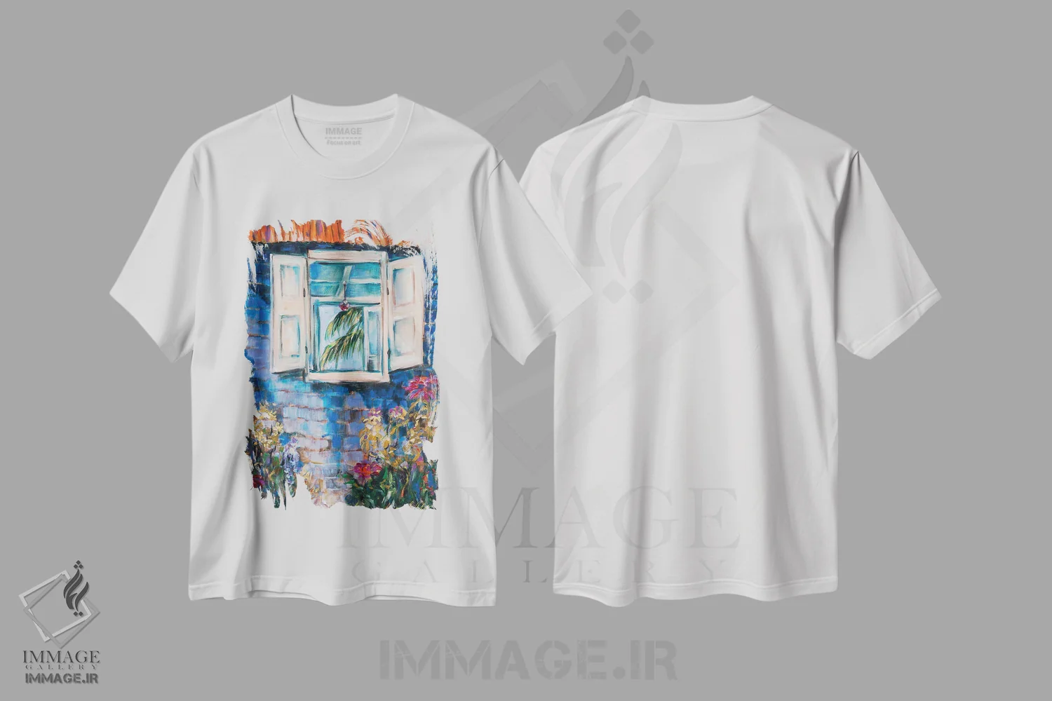 تیشرت سفید طرح دار بیرون، داخل، بیرون، هنر فاخر معاصر اثر لیندا اولسن | فروشگاه ایماژ