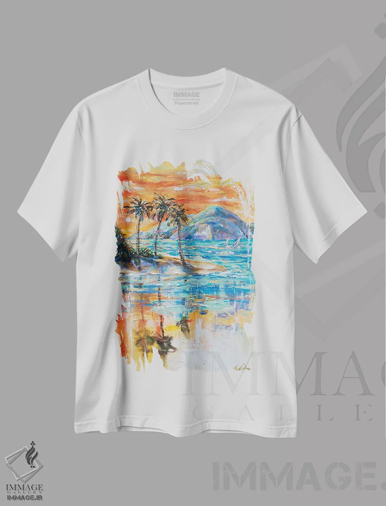 تیشرت سفید طرح دار بهشت، دکور ساحلی اثر لیندا اولسن | immage.ir