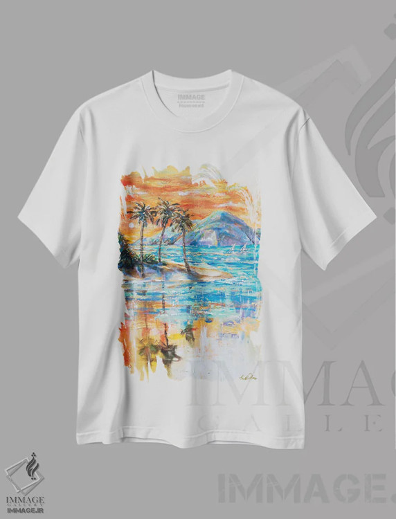 تیشرت سفید طرح دار بهشت، دکور ساحلی اثر لیندا اولسن | immage.ir