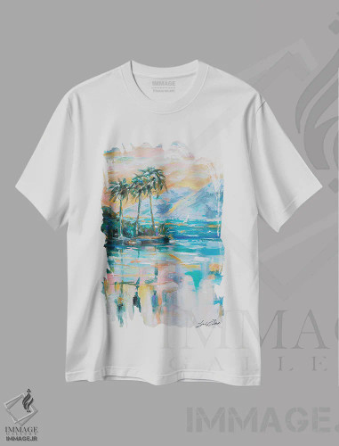 تیشرت سفید طرح دار قایقرانی در خلیج، دکور ساحلی اثر لیندا اولسن | فروشگاه ایماژ