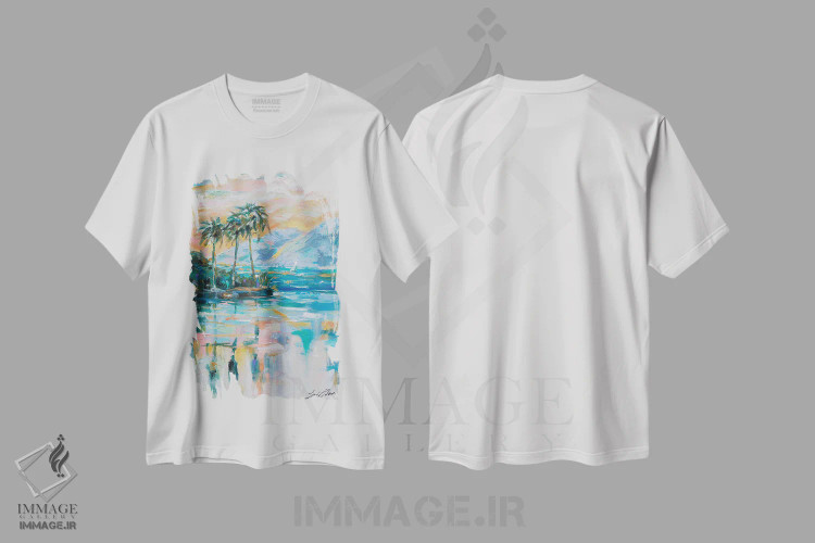 تیشرت سفید طرح دار قایقرانی در خلیج، دکور ساحلی اثر لیندا اولسن | فروشگاه ایماژ