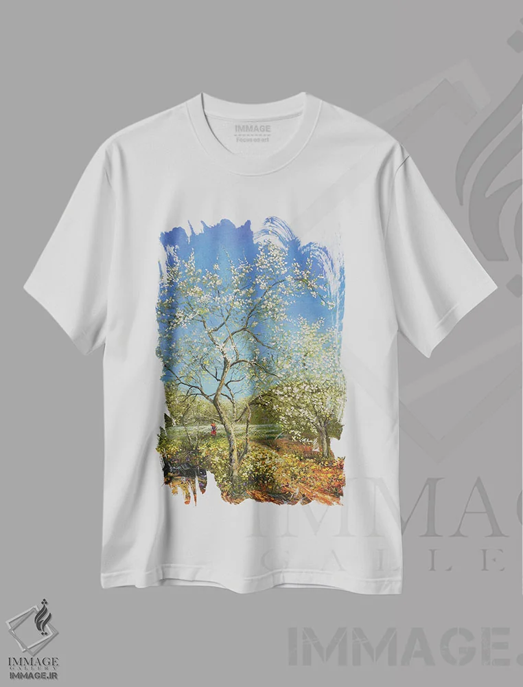 تیشرت سفید طرح دار "آفتاب اوایل بهار"، هنر فاخر معاصر اثر له نگوک کوآن | فروشگاه ایماژ
