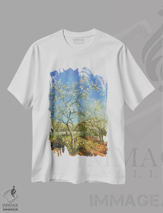 تیشرت سفید طرح دار "آفتاب اوایل بهار"، هنر فاخر معاصر اثر له نگوک کوآن | فروشگاه ایماژ