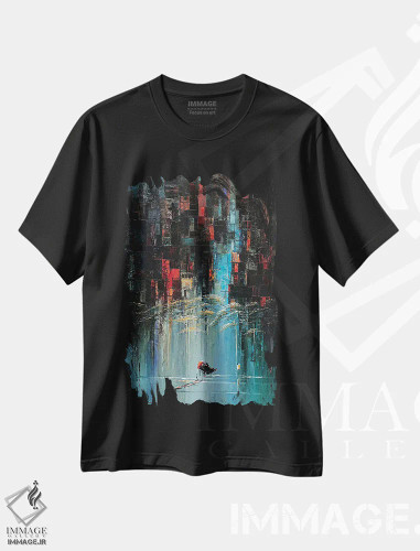 تیشرت مشکی طرح دار "باران بهاری در خیابان"، آبستره اثر له نگوک کوآن | فروشگاه ایماژ