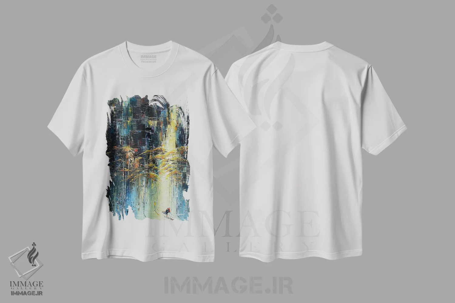 تیشرت سفید طرح دار "رقص پاییزی آفتابی"، آبستره اثر له نگوک کوآن | فروشگاه ایماژ