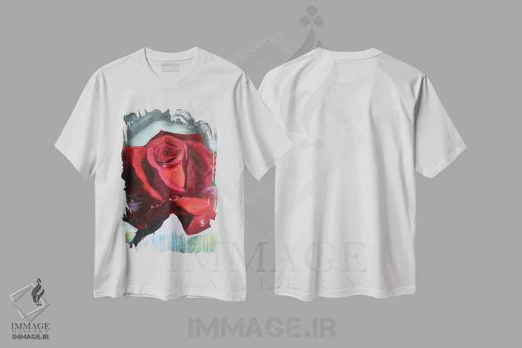 تیشرت سفید طرح دار گل رز قرمز با قطرات شبنم روی گلبرگ ها، دکور معاصر اثر جین لانتسمن | immage.ir