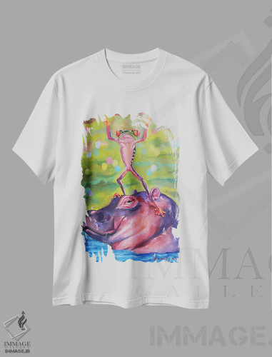 تیشرت سفید طرح دار قورباغه رقصنده روی سر اسب آبی، دکور معاصر اثر جین لانتسمن | فروشگاه ایماژ