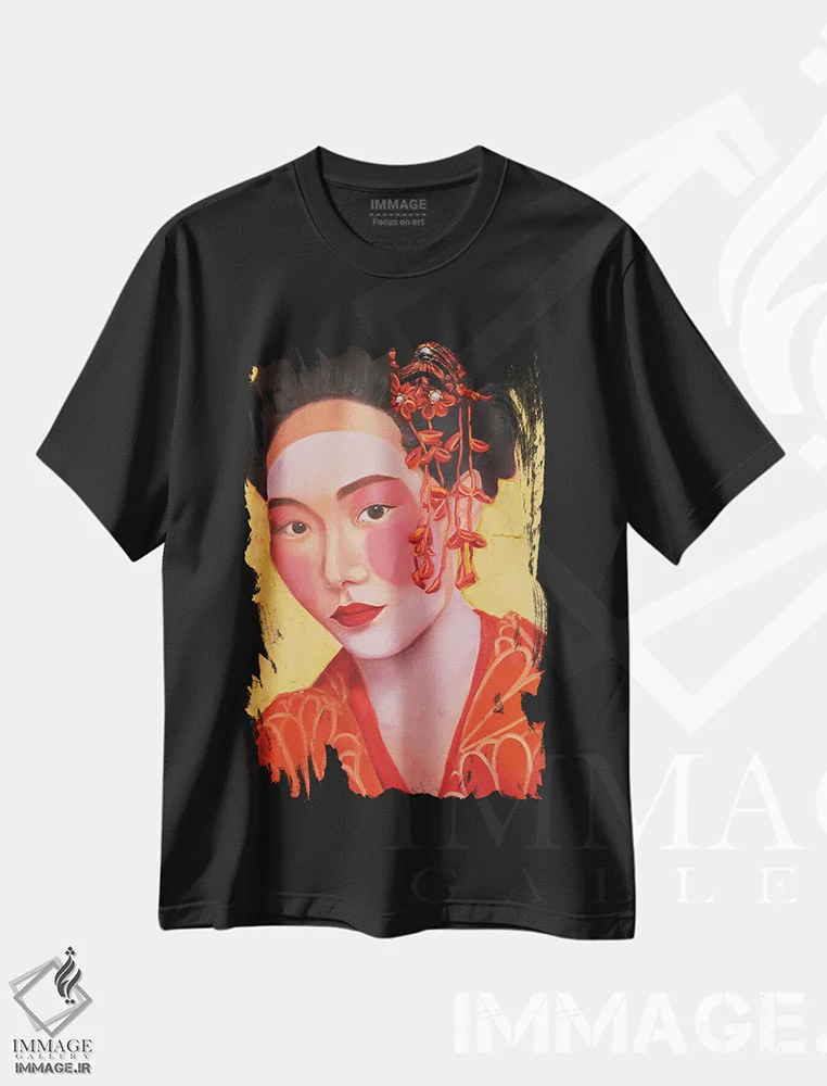 تیشرت مشکی طرح دار گیشا در کیمونو روی زمینه طلایی شماره ۱، دکور معاصر اثر جین لانتسمن | immage.ir