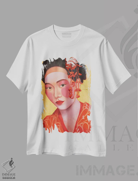 تیشرت سفید طرح دار گیشا در کیمونو روی زمینه طلایی شماره ۱، دکور معاصر اثر جین لانتسمن | فروشگاه ایماژ