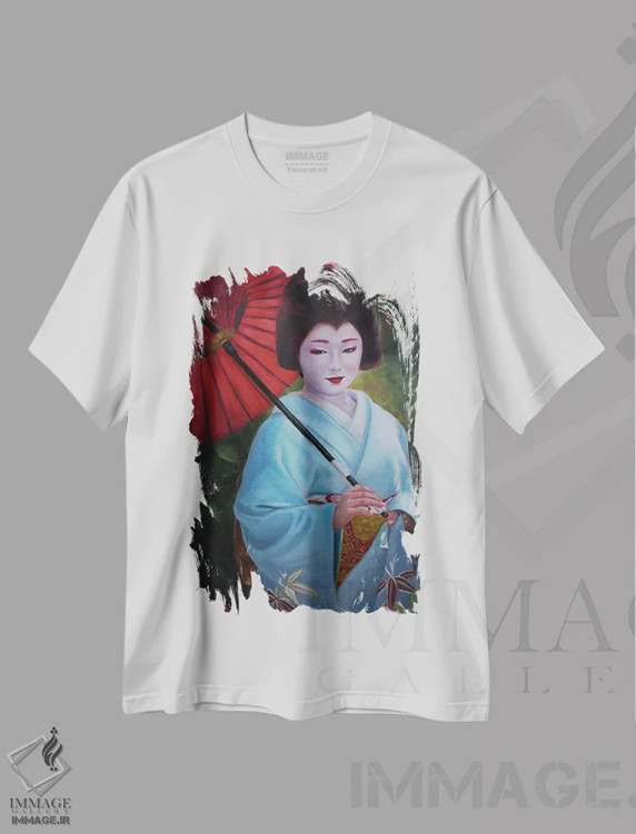 تیشرت سفید طرح دار گیشا با چتر، دکور معاصر اثر جین لانتسمن | immage.ir