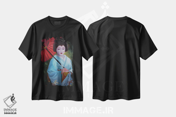 تیشرت مشکی طرح دار گیشا با چتر، دکور معاصر اثر جین لانتسمن | فروشگاه ایماژ