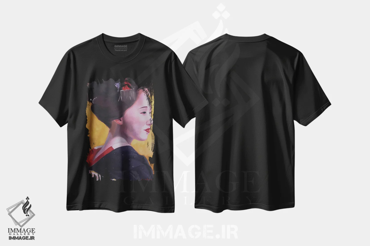 تیشرت مشکی طرح دار گیشا در کیمونو روی زمینه طلایی شماره ۳، دکور معاصر اثر جین لانتسمن | immage.ir