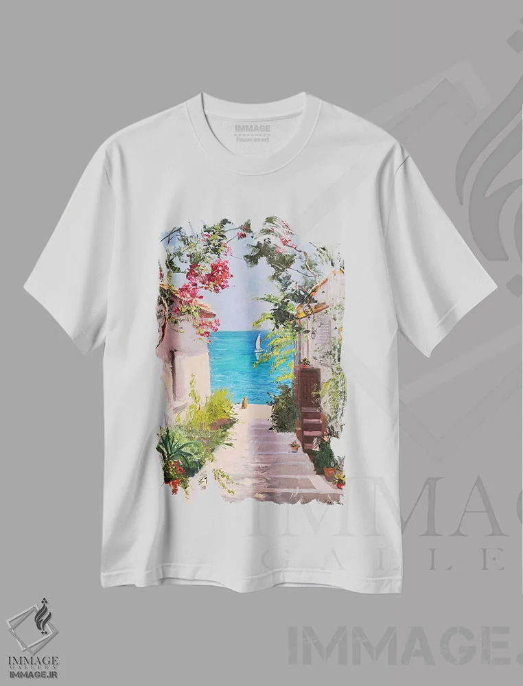 تیشرت سفید طرح دار منظره دریا با گربه قرمز که به دریا نگاه می کند، دکور معاصر اثر جین لانتسمن | فروشگاه ایماژ