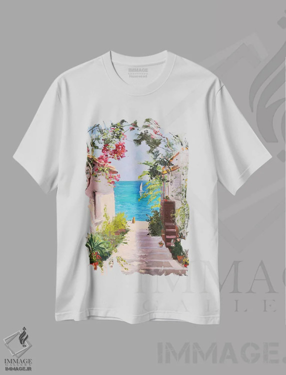 تیشرت سفید طرح دار منظره دریا با گربه قرمز که به دریا نگاه می کند، دکور معاصر اثر جین لانتسمن | فروشگاه ایماژ