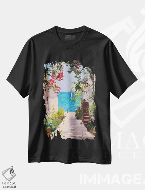 تیشرت مشکی طرح دار منظره دریا با گربه قرمز که به دریا نگاه می کند، دکور معاصر اثر جین لانتسمن | immage.ir