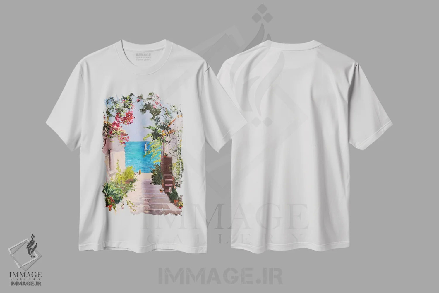 تیشرت سفید طرح دار منظره دریا با گربه قرمز که به دریا نگاه می کند، دکور معاصر اثر جین لانتسمن | فروشگاه ایماژ