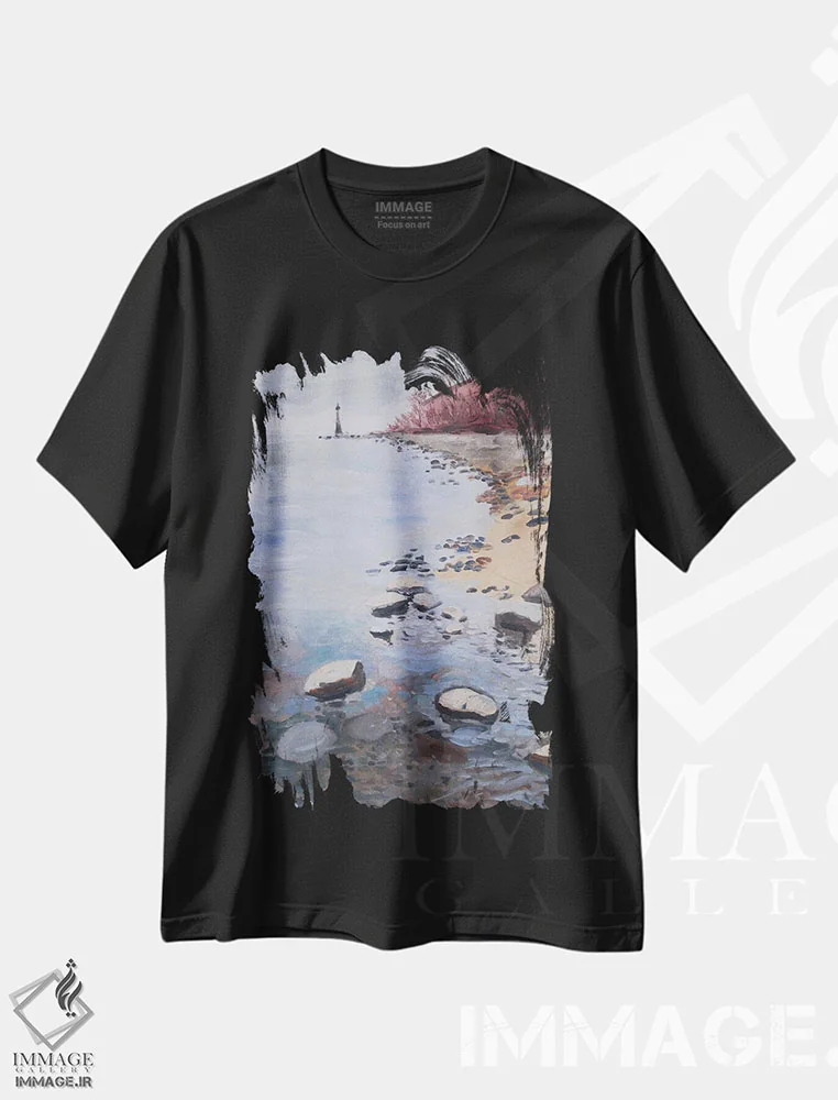 تیشرت مشکی طرح دار منظره فانوس دریایی رودخانه، دکور معاصر اثر جین لانتسمن | فروشگاه ایماژ