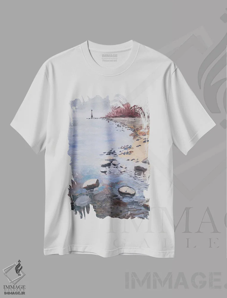 تیشرت سفید طرح دار منظره فانوس دریایی رودخانه، دکور معاصر اثر جین لانتسمن | immage.ir