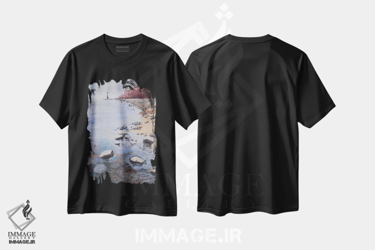 تیشرت مشکی طرح دار منظره فانوس دریایی رودخانه، دکور معاصر اثر جین لانتسمن | فروشگاه ایماژ