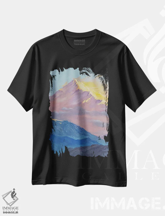 تیشرت مشکی طرح دار طلوع خورشید در منظره کوهستان برفی، دکور معاصر اثر جین لانتسمن | فروشگاه ایماژ