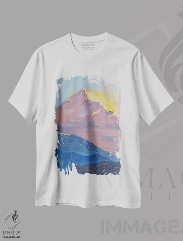 تیشرت سفید طرح دار طلوع خورشید در منظره کوهستان برفی، دکور معاصر اثر جین لانتسمن | immage.ir