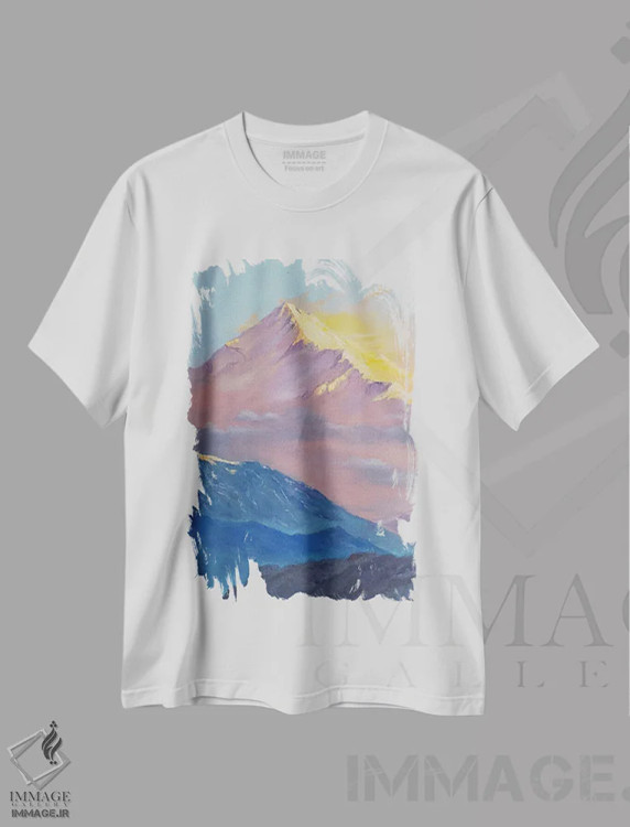 تیشرت سفید طرح دار طلوع خورشید در منظره کوهستان برفی، دکور معاصر اثر جین لانتسمن | immage.ir