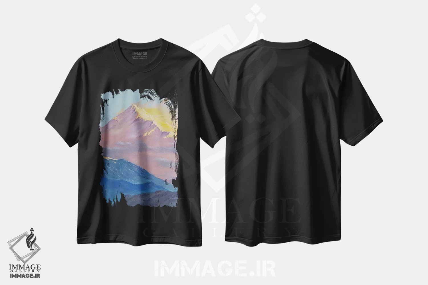 تیشرت مشکی طرح دار طلوع خورشید در منظره کوهستان برفی، دکور معاصر اثر جین لانتسمن | فروشگاه ایماژ
