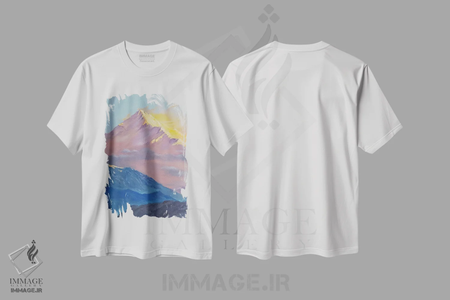 تیشرت سفید طرح دار طلوع خورشید در منظره کوهستان برفی، دکور معاصر اثر جین لانتسمن | immage.ir