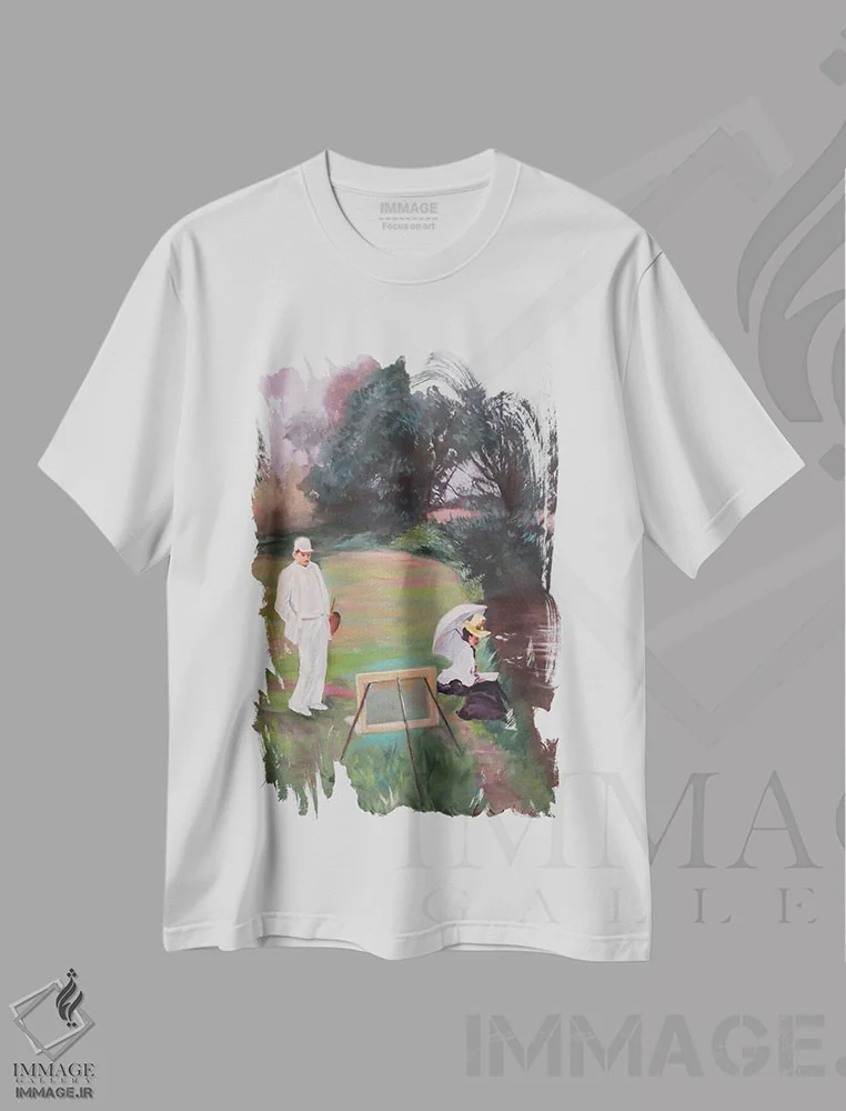 تیشرت سفید طرح دار منظره افراد و طبیعت با خانم و هنرمند، دکور معاصر اثر جین لانتسمن | فروشگاه ایماژ