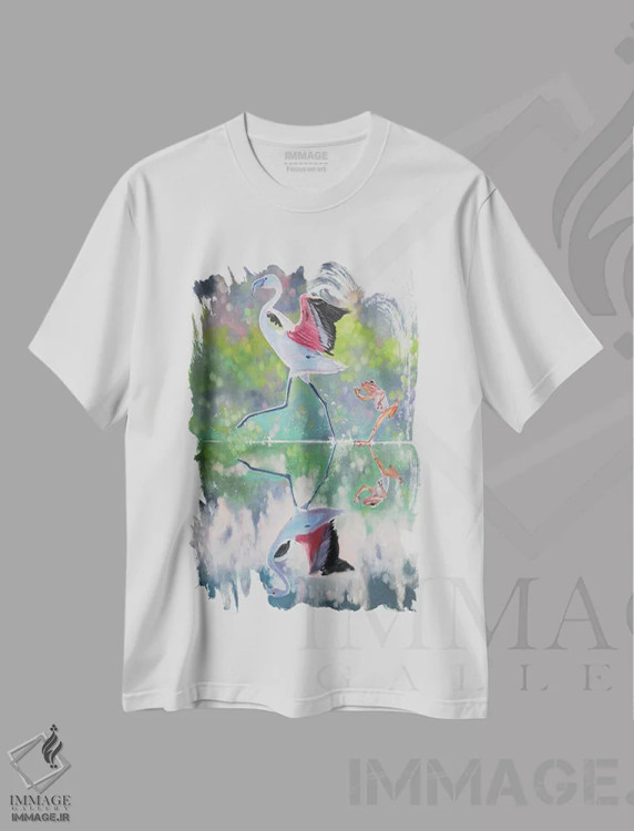 تیشرت سفید طرح دار فلامینگو صورتی و قورباغه ای که بازی می کنند، دکور معاصر اثر جین لانتسمن | فروشگاه ایماژ