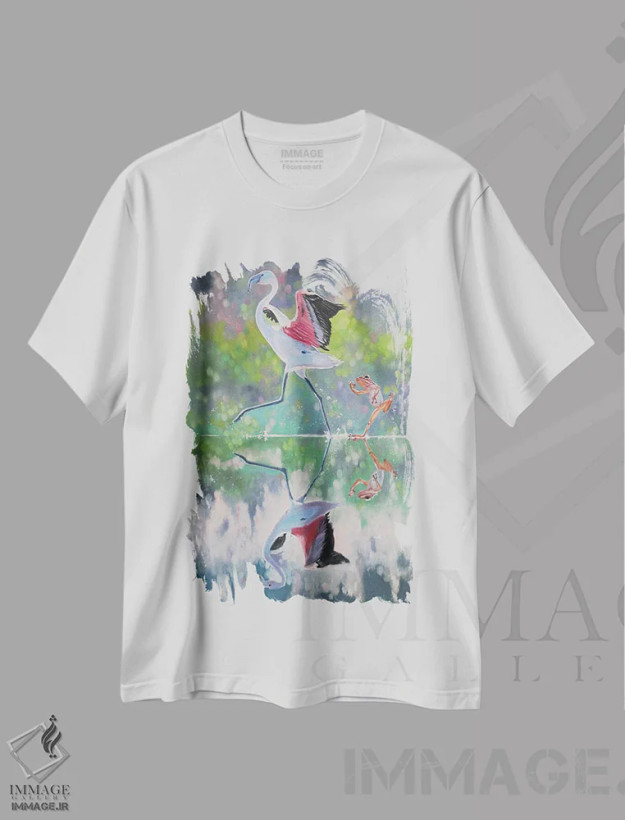 تیشرت سفید طرح دار فلامینگو صورتی و قورباغه ای که بازی می کنند، دکور معاصر اثر جین لانتسمن | فروشگاه ایماژ