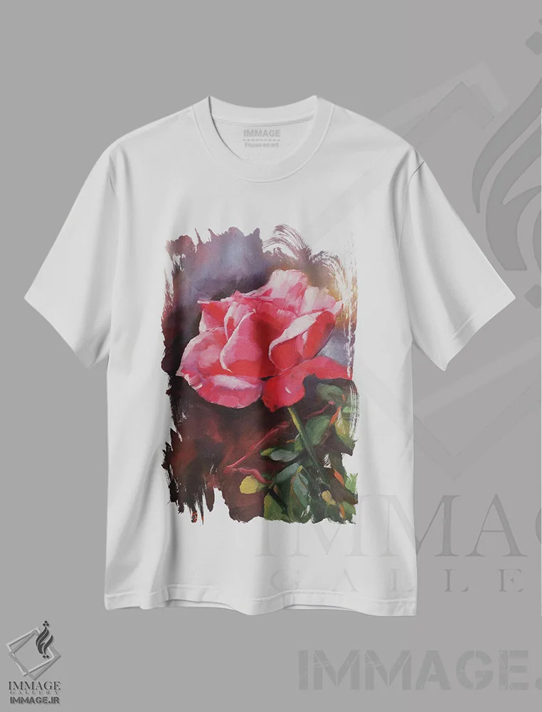 تیشرت سفید طرح دار گل رز صورتی، هنر فاخر معاصر اثر جین لانتسمن | فروشگاه ایماژ