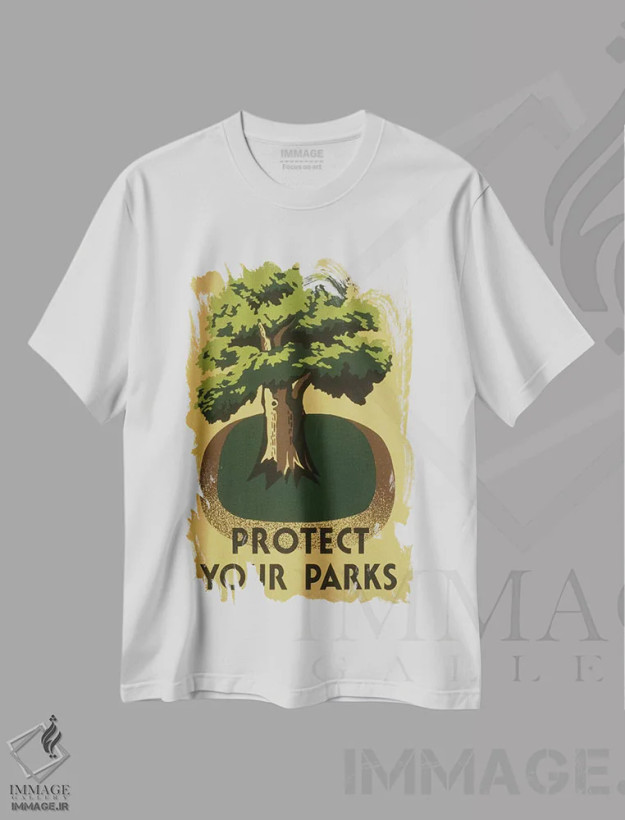 تیشرت سفید طرح دار "از پارک هایتان محافظت کنید"، تزئینی اثر کتابخانه کنگره | فروشگاه ایماژ