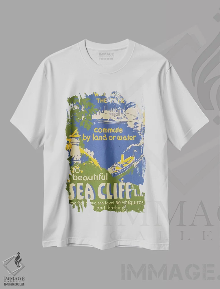 تیشرت سفید طرح دار "از سی کلیف، لانگ آیلند دیدن کنید"، تایپوگرافی اثر کتابخانه کنگره | فروشگاه ایماژ