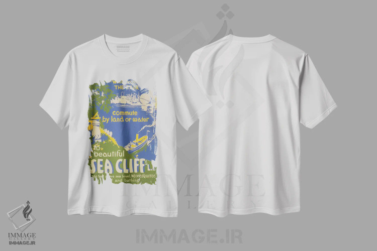 تیشرت سفید طرح دار "از سی کلیف، لانگ آیلند دیدن کنید"، تایپوگرافی اثر کتابخانه کنگره | فروشگاه ایماژ