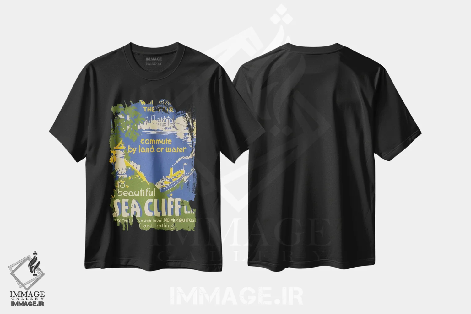 تیشرت مشکی طرح دار "از سی کلیف، لانگ آیلند دیدن کنید"، تایپوگرافی اثر کتابخانه کنگره | immage.ir