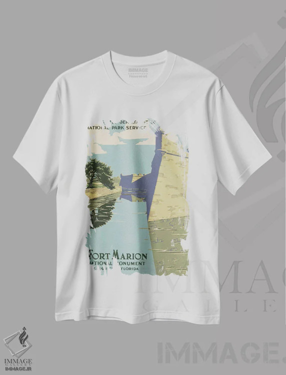 تیشرت سفید طرح دار "بنای ملی فورت ماریون، سنت آگوستین، فلوریدا"، تزئینی اثر کتابخانه کنگره | immage.ir