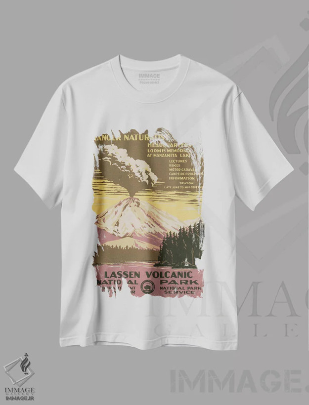 تیشرت سفید طرح دار "پارک ملی آتشفشانی لاسن"، تزئینی اثر کتابخانه کنگره | فروشگاه ایماژ
