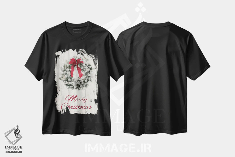 تیشرت مشکی طرح دار حلقه گل کریسمس مرغک، تابلو و عبار ت های کریسمسی اثر لری دیتِر | immage.ir