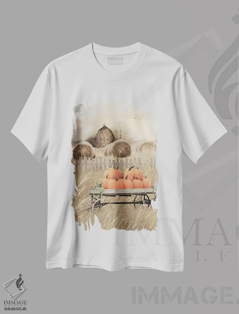 تیشرت سفید طرح دار برداشت کدو حلوایی، دکور روستایی اثر لری دیتِر | immage.ir